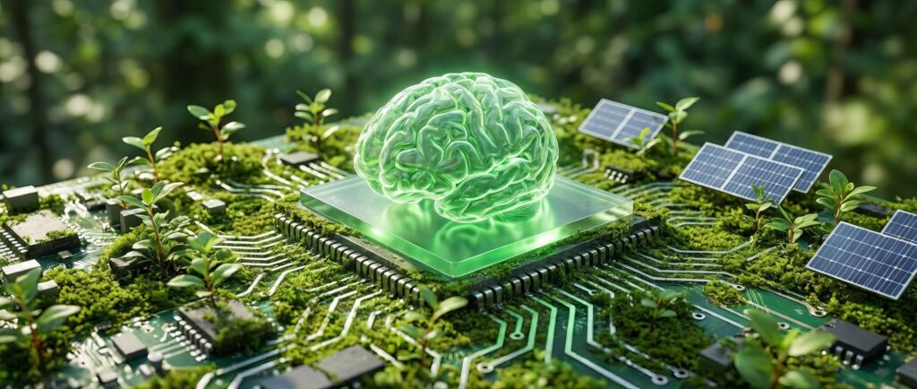 Eneuerbare Energien. In der Mitte ein grünes Gehirn auf einem Moosbett das durch elektrische Stromkreise mit kleinen Solaranlangen verbunden ist.