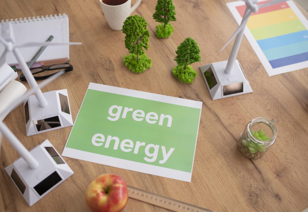 grünes Blatt Papier auf einem Holztisch mit der weißen Schrift "Green energy". Auf dem Tisch sind kleine grüne Modellbäume und Modellwindräder zu sehen.