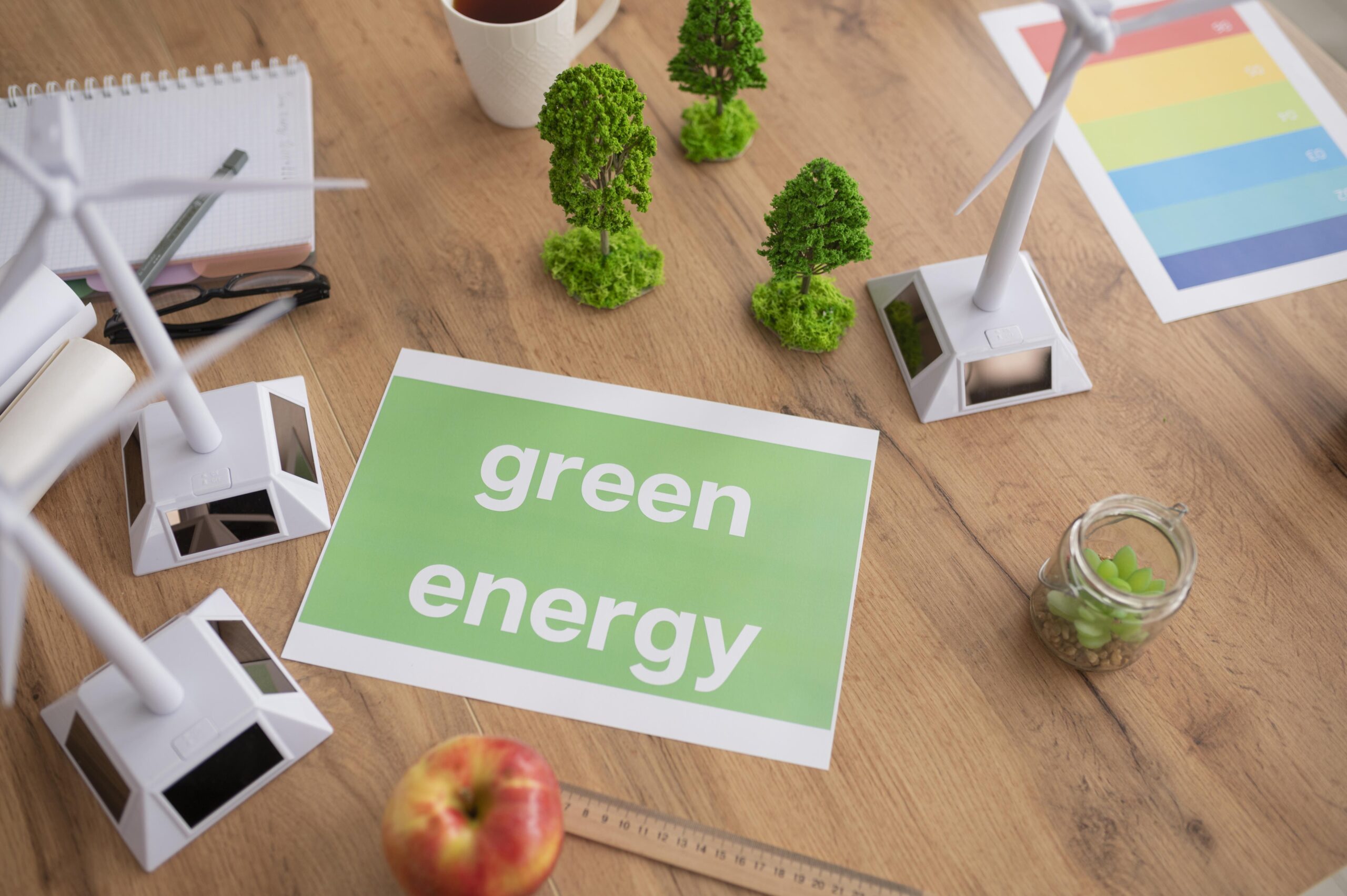 grünes Blatt Papier auf einem Holztisch mit der weißen Schrift "Green energy". Auf dem Tisch sind kleine grüne Modellbäume und Modellwindräder zu sehen.